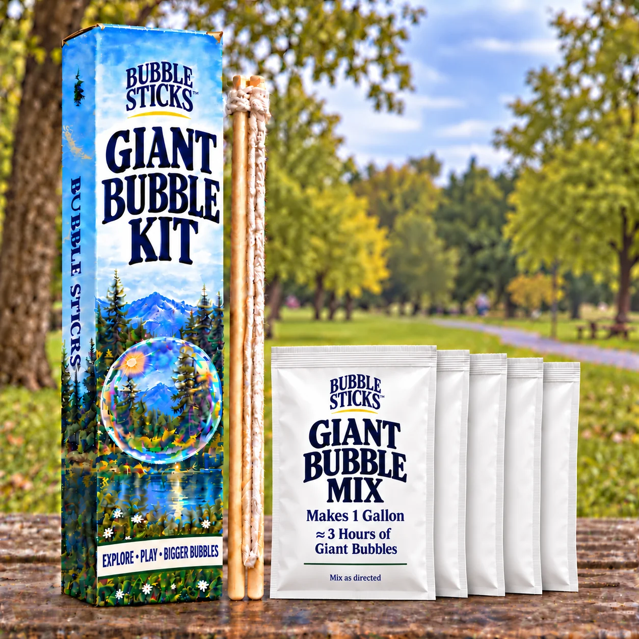 Bubble Sticks Complete Kit (the original kit) packaging concept with 1 wooden rope-loop bubble maker and a compressed stack of 5 white mix pouches on a park table