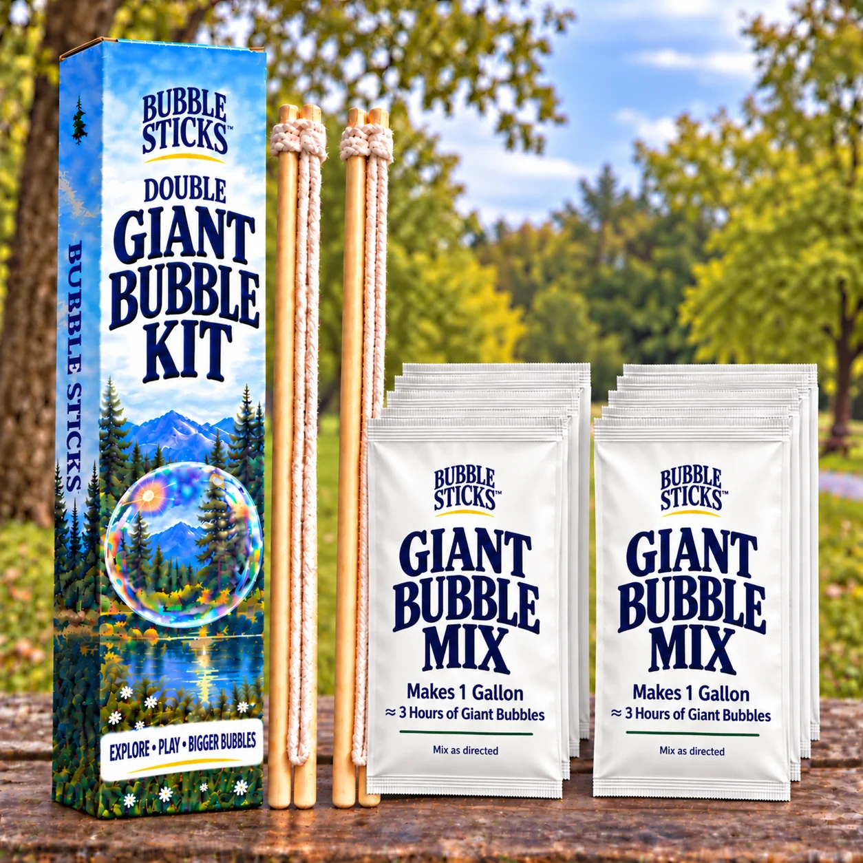 Bubble Sticks Family Double Pack packaging concept with 2 wooden rope-loop bubble makers and a compressed stack of 10 white mix pouches on a park table