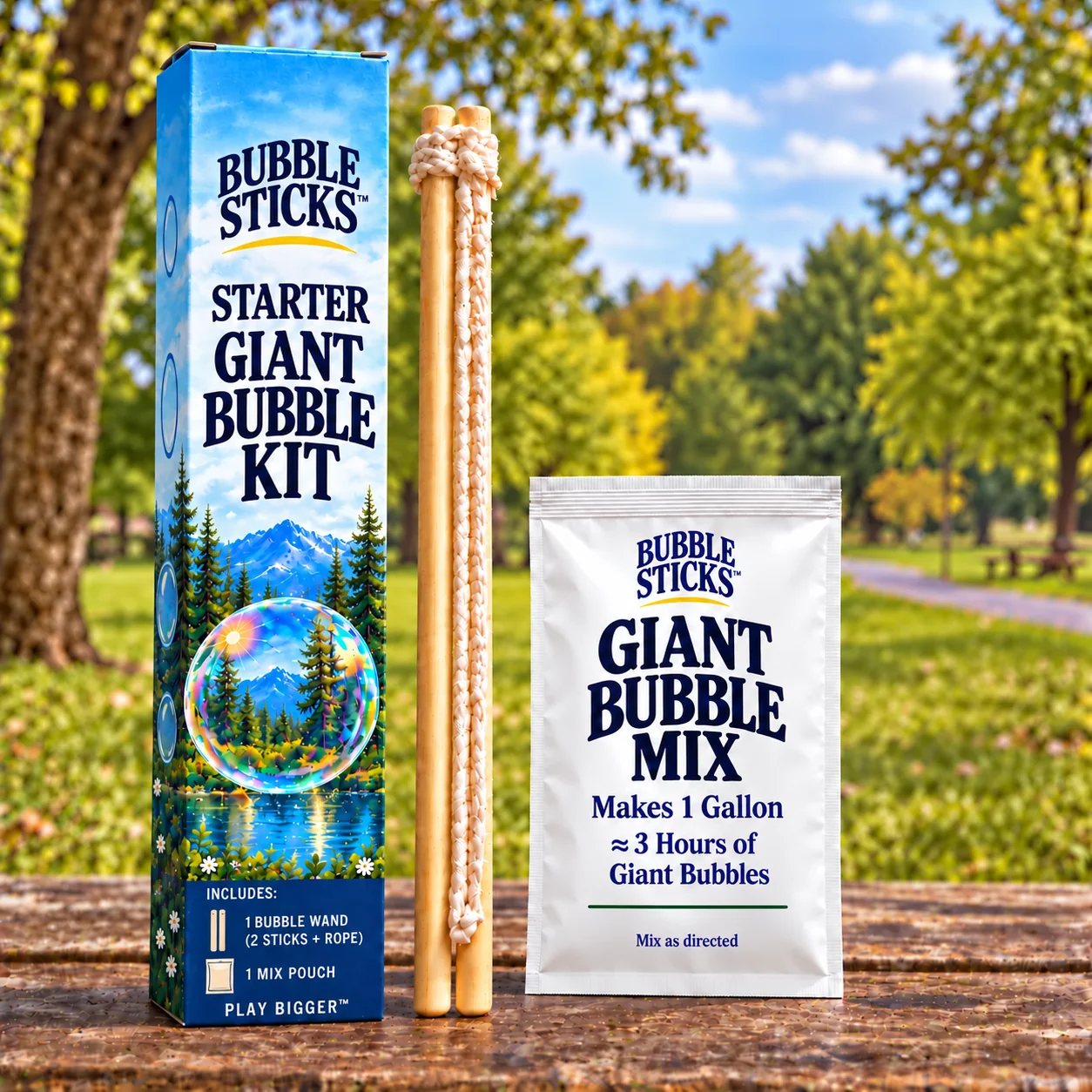 Bubble Sticks Starter Kit concept with a slim blue scenic box on the left, one full wooden rope-loop wand set and one giant bubble mix pouch on a park table