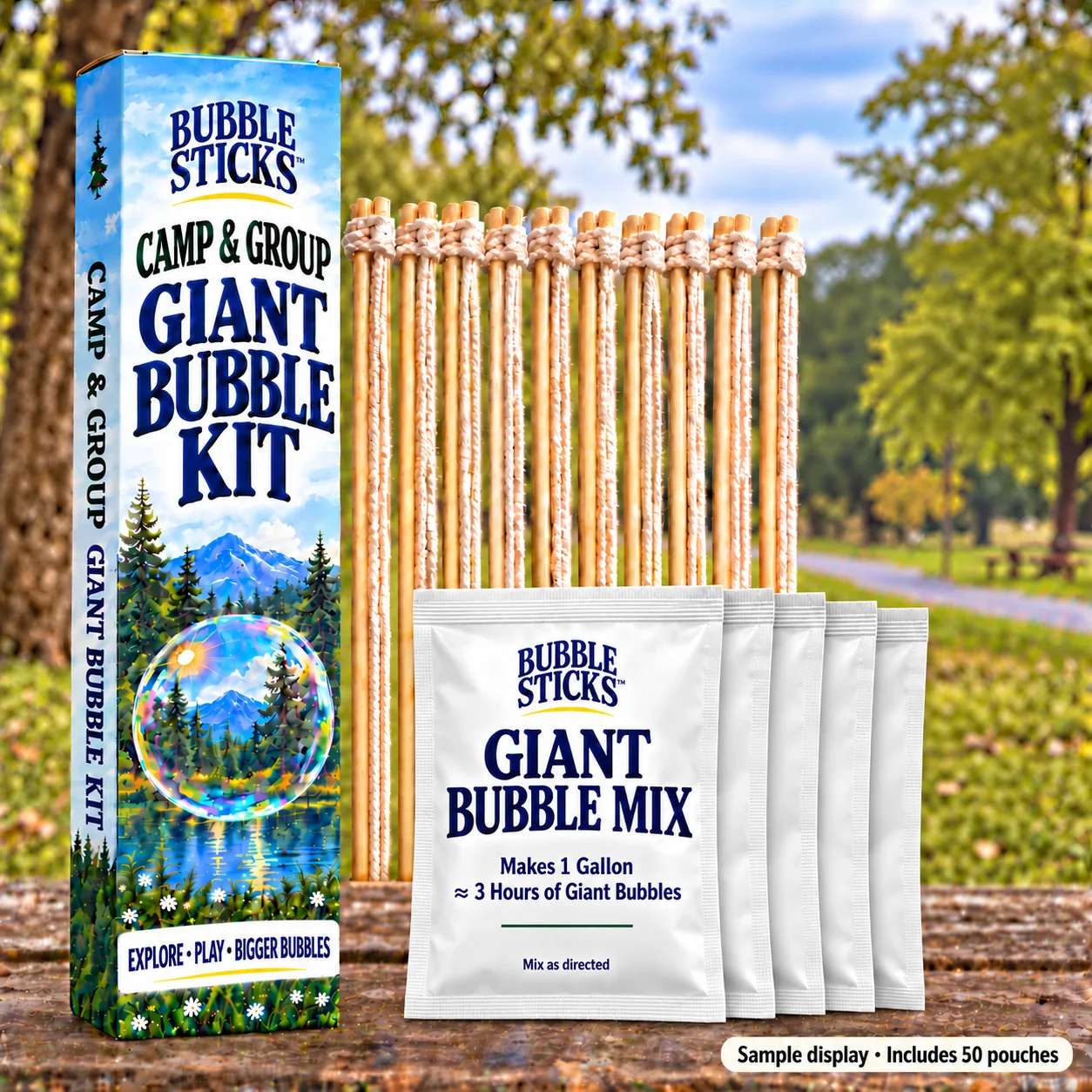 Bubble Sticks Camp / Group Pack packaging concept with 10 wooden rope-loop bubble makers and five representative white mix pouches on a park table