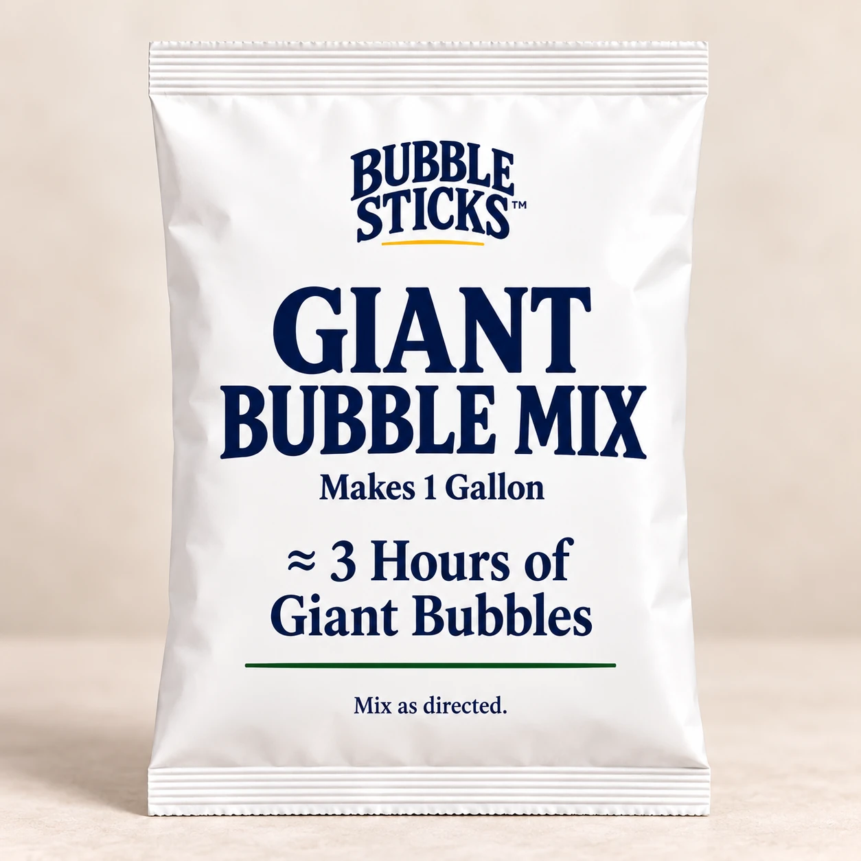 White Bubble Sticks giant bubble mix pouch concept labeled Makes 1 Gallon