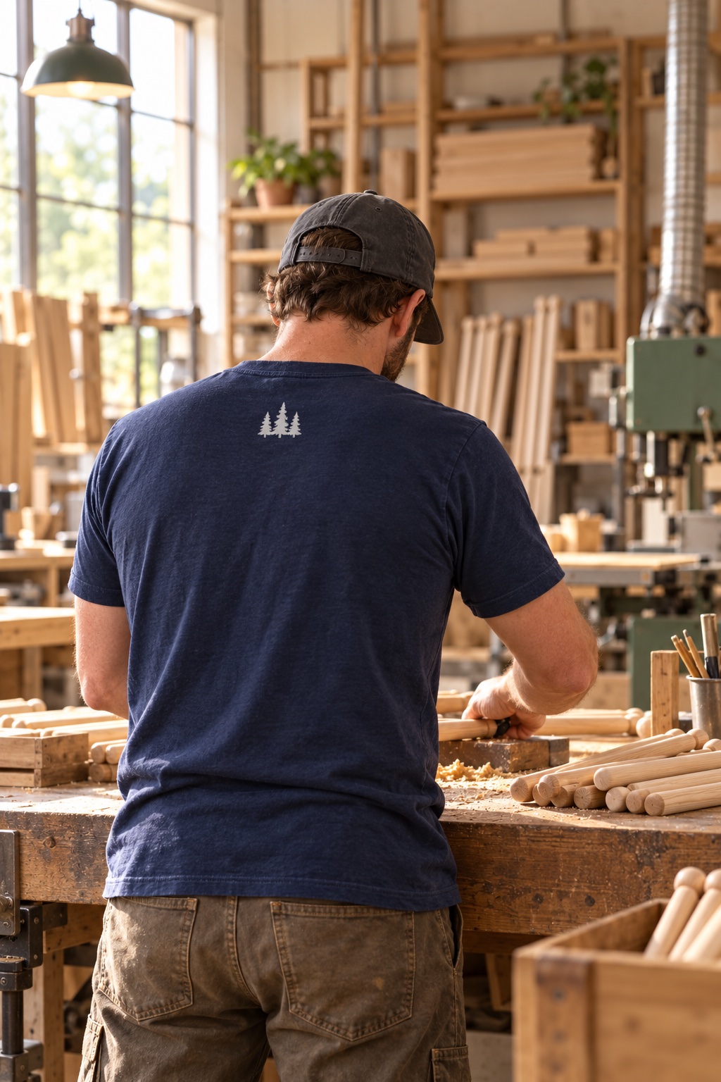 American Wooden Bubble Sticks Workshop Concept Illustrative view of a worker from behind in a warm wood workshop